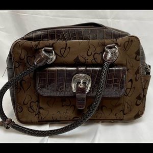 Brown Alligator Leather and Canvas Handbag with Silver Heart Accents.